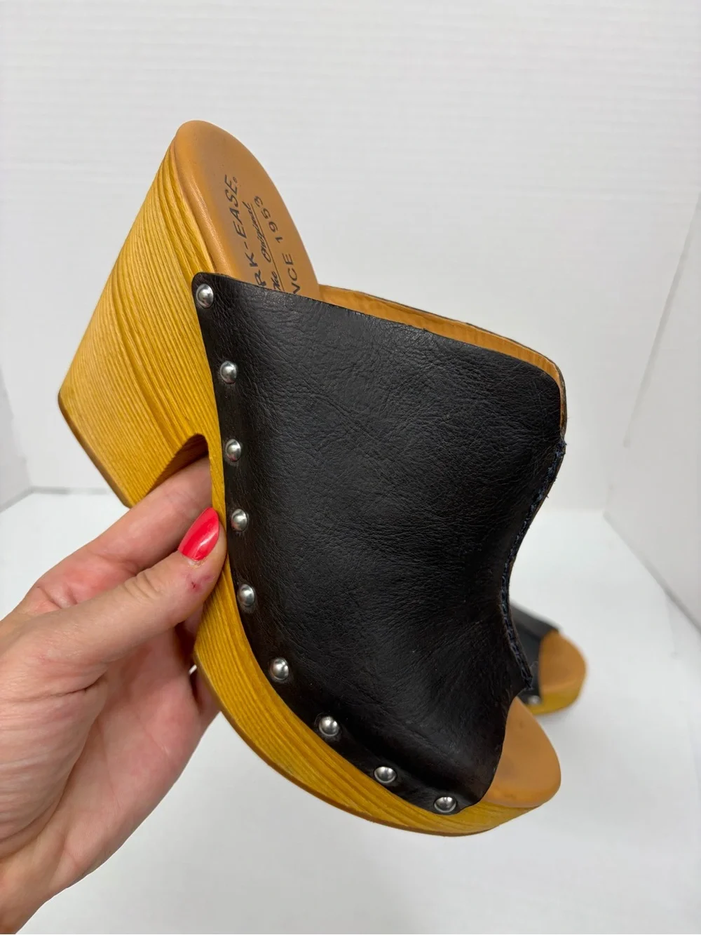Kork Ease Harlin Wood Heel Platform Leather Open Toe Mule Clog Brown Size 9